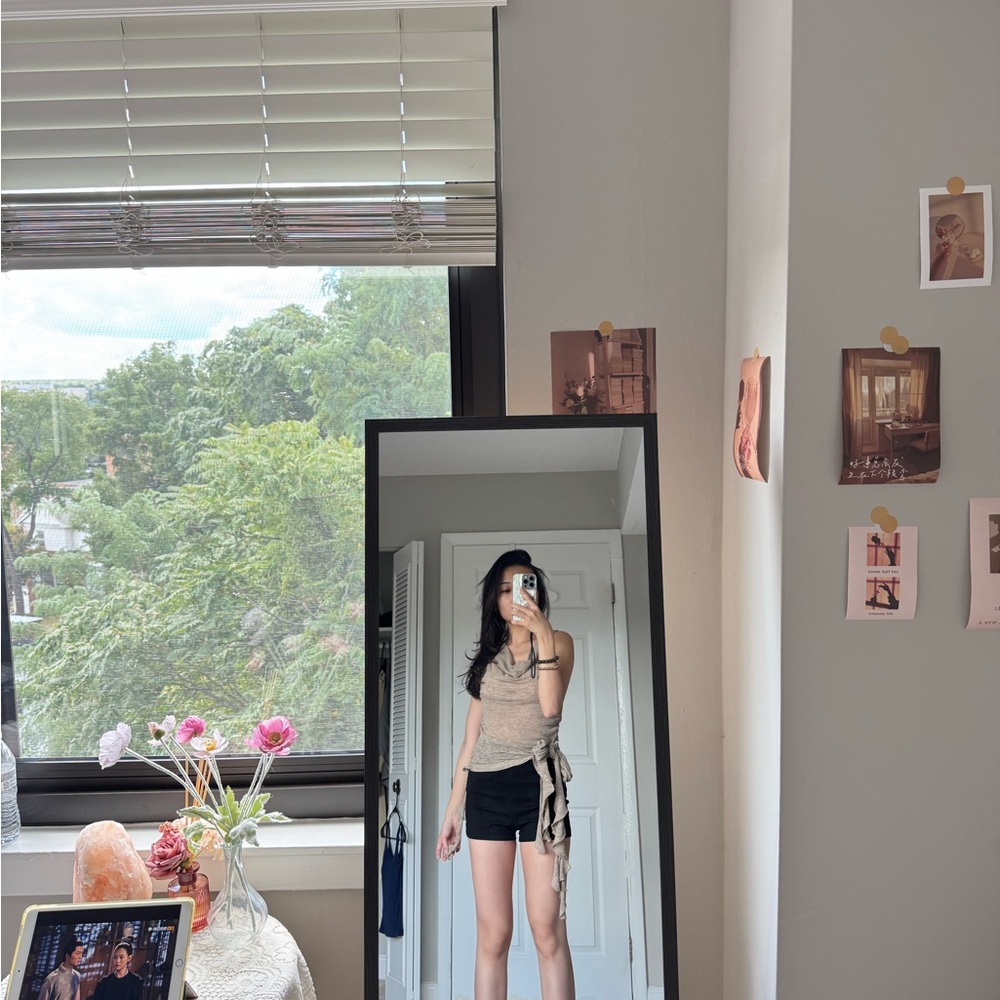 Beige Halter Top and Black Shorts